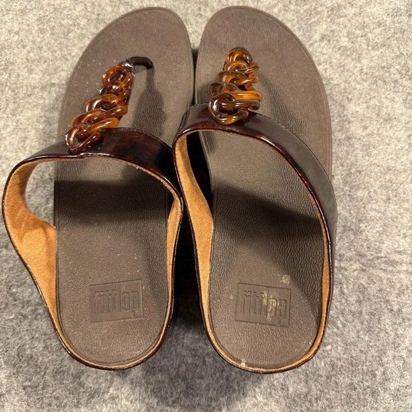 FitFlop Sandals Shoes Womens Size 9 Brown Thong Wedge Comfort Chain Slip On - Picture 7 of 10